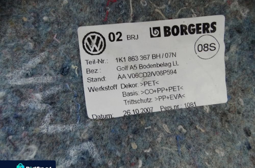 WYKŁADZINA DYWAN VW GOLF V HB 1K1863367 EUROPA F-VAT